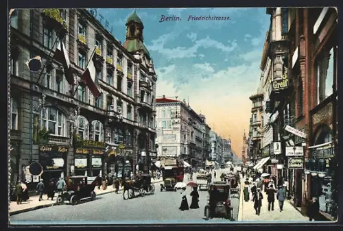AK Berlin, Friedrichstrasse, Strassenansicht mit Geschäften und Passanten