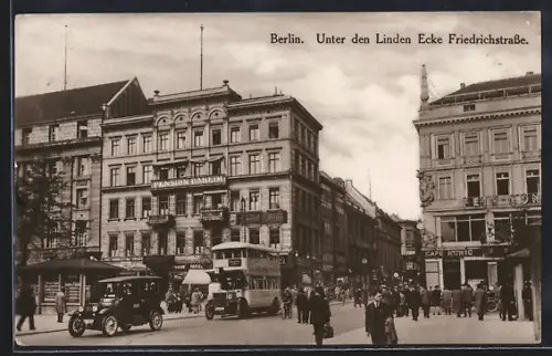 AK Berlin, Unter den Linden Ecke Friedrichstrasse, Pension Dahlem, Café König, Strassenbahn