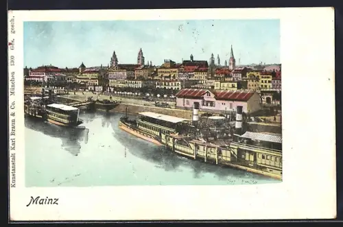 AK Mainz, Rheinansicht mit Dampfschiffen und Stadtpanorama
