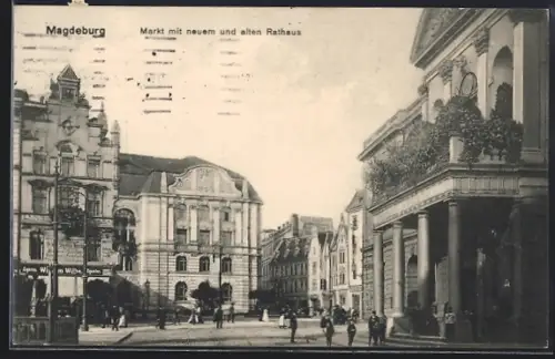 AK Magdeburg, Markt mit neuem und altem Rathaus