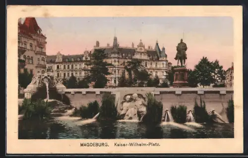 AK Magdeburg, Kaiser-Wilhelm-Platz, Brunnen, Reiterdenkmal