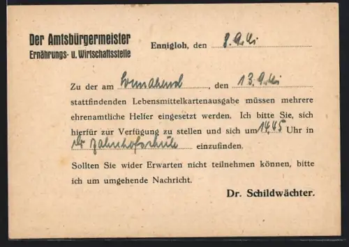 AK Ennigloh, Teilnahme an der Lebensmittelkartenausgabe, Amtsbürgermeister Ernährungs- u. Wirtschaftsstelle