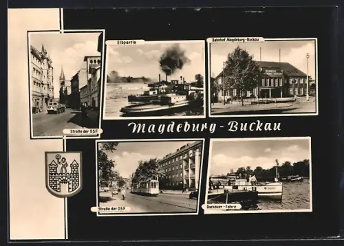 AK Magdeburg-Buckau, Strasse der DSF, Buckauer Fähre, Bahnhof Magdeburg-Buckau, Elbpartie mit Dampfer