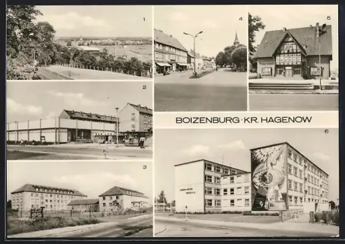 AK Boizenburg /Kr. Hagenow, Konsum-Hotel Boizenburg-Stadt, Platz des Friedens, Hermann-Matern-Oberschule, Kaufhalle