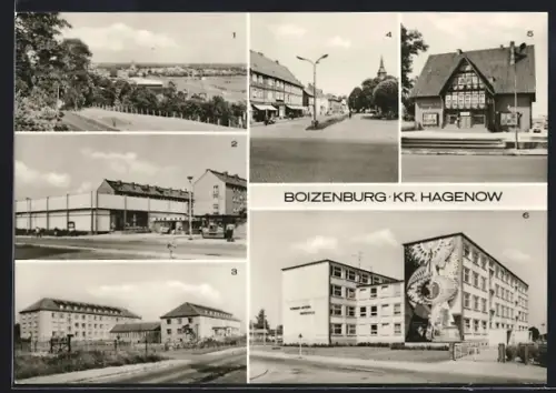 AK Boizenburg /Kr. Hagenow, Kaufhalle, Rakowheim und Krankenhaus, Platz des Friedens, Konsum-Hotel Boizenburg-Stadt