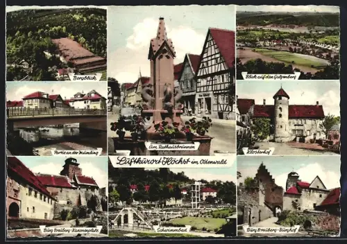 AK Höchst i. Odenwald, Rathausbrunnen, Klosterhof, Burg Breuberg - Burghof, Schwimmbad und Partie an der Mümling