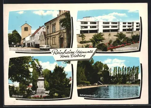 AK Reinheim /Odenwald, Ehrenmal, Mittelpunktschule, Schwimmbad und Katholische Kirche