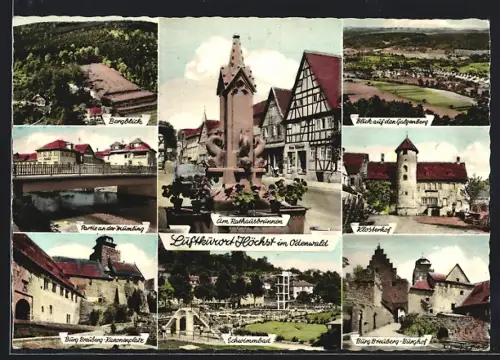 AK Höchst i. Odenwald, Klosterhof, Partie an der Mümling, Burg Breuberg, Rathausbrunnen und Ortsansicht
