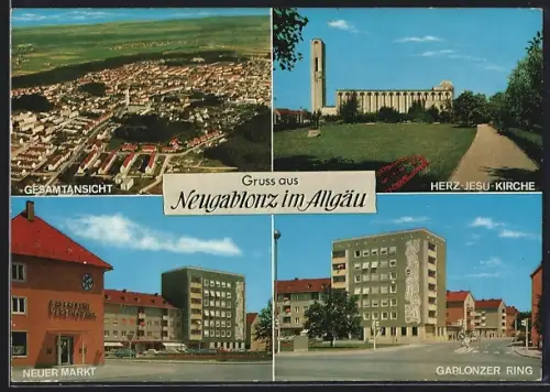 AK Neugablonz im Allgäu, Neuer Markt und Bayerische Vereinsbank, Herz-Jesu-Kirche, Gablonzer Ring