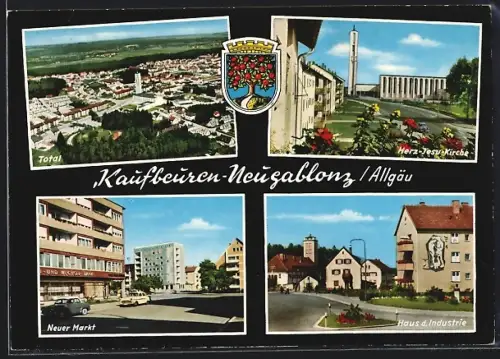 AK Kaufbeuren-Neugablonz, Neuer Markt, Haus der Industrie, Herz-Jesu-Kirche, Totalansicht