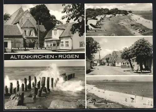 AK Altenkirchen / Rügen, älteste Kirche Rügens, Zeltplatz Drewoldke, Strasse des Friedens, Strand in Drewoldke