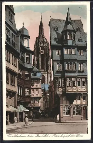 AK Alt-Frankfurt, Durchblick v. Römerberg auf den Dom mit Cafe