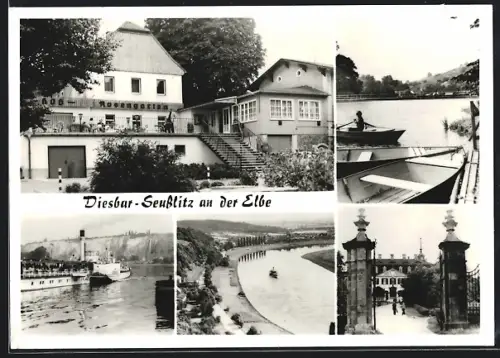 AK Diesbar-Seusslitz, Gaststätte HOG Rosengarten, Dampfer auf der Elbe, Eingang zum Schloss