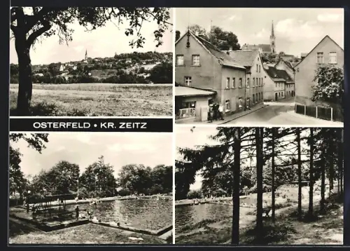 AK Osterfeld /Zeitz, Ortsansicht mit Kirche, Strassenpartie, Schwimmbad