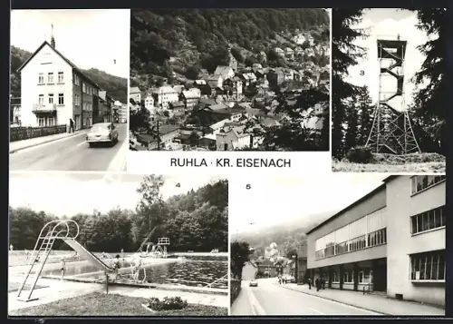AK Ruhla, Teilansicht, Ortsansicht aus der Vogelschau, Freibad