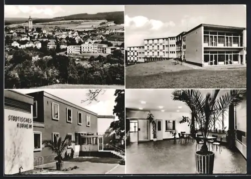 AK Bad Wildungen, Städtisches Kurheim, Laustrasse 35, Ortsansicht mit Kirche aus der Vogelschau