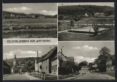 AK Oldisleben /Kr. Artern, Karl-Marx-Strasse, Marktstrasse, Schwimmbad und Ortsansicht