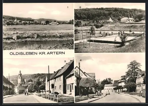 AK Oldisleben, Ortspanorama vom Fluss aus, Strassenpartien, Blick zur Kirche