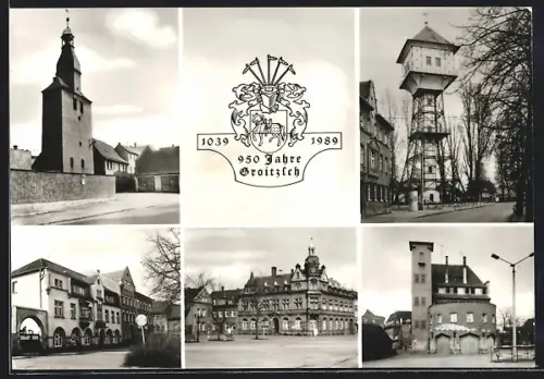 AK Groitzsch / Sa., Hotel Weisses Ross, Stadtturm, Wasserturm, Rathaus, Feuerwehr Gerätehaus, 950 Jahr Feier 1989