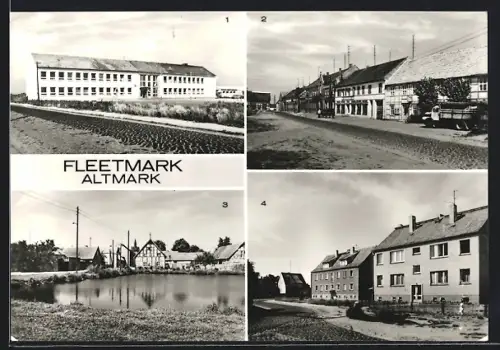 AK Fleetmark /Altmark, Polytechnische Oberschule, Thälmannplatz, Dorfteich und Neubauten