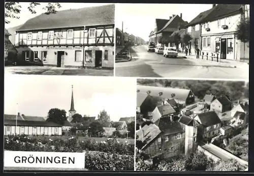 AK Gröningen / Bode, Kulturhaus zum Badestrand, Grabenstrasse, Kirche und Wohnheim LPG, Ortspartie aus der Vogelschau