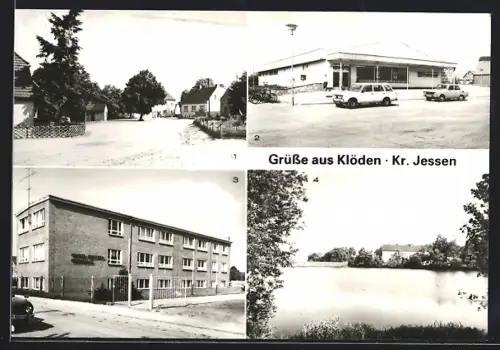 AK Klöden /Kr. Jessen, Konsum-Einkaufszentrum, Thomas-Müntzer-Oberschule, Blick zum Schloss