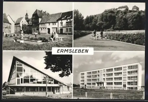 AK Ermsleben /Aschersleben, Leninplatz, Blick zur Konradsburg, Sozialgebäude der VEB Technik, Polytechnische Oberschule