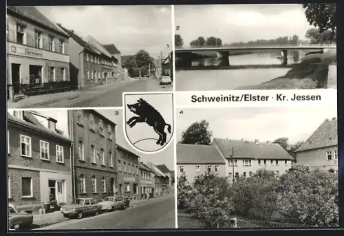 AK Schweinitz /Elster, Feierabendheim Völkerfreundschaft, Markt, Elsterbrücke und Rathaus