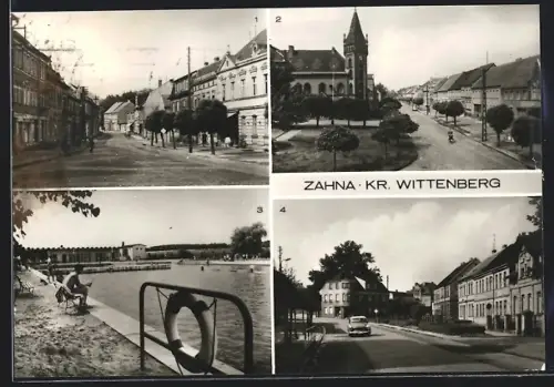 AK Zahna, Friedrich-Engels-Strasse, Karl-Marx-Platz, Schwimmbad und Bahnhofstrasse
