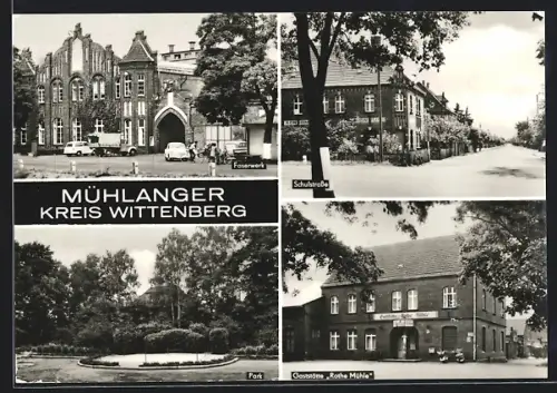 AK Mühlanger, Gaststätte Rothe Mühle, Schulstrasse, Faserwerk und Park