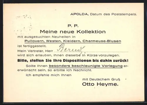 AK Apolda, Wirk- und Strickwarenfabrik Otto Heyme, Herderstrasse 21, Besuchsanzeige