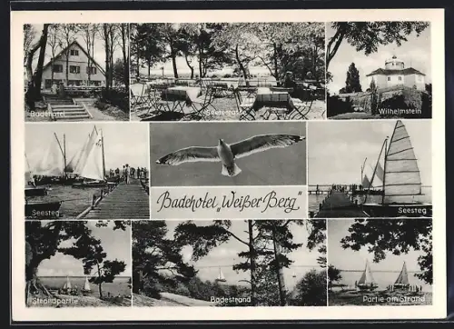 AK Mardorf /Steinhuder Meer, Das Badehotel Weisser Berg v. M. G. Rinne, mit Seeterrasse, Festung Wilhelmstein