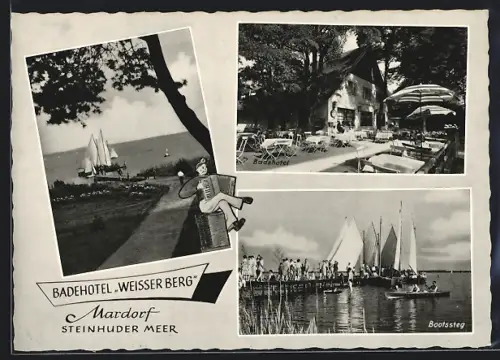AK Mardorf /Steinhuder Meer, Badehotel Weisser Berg, Inh. M. G. Rinne, Blick zum See mit Bootssteg