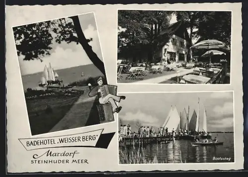 AK Mardorf /Steinhuder Meer, Hotel Weisser Berg, Bootssteg mit Segelbooten