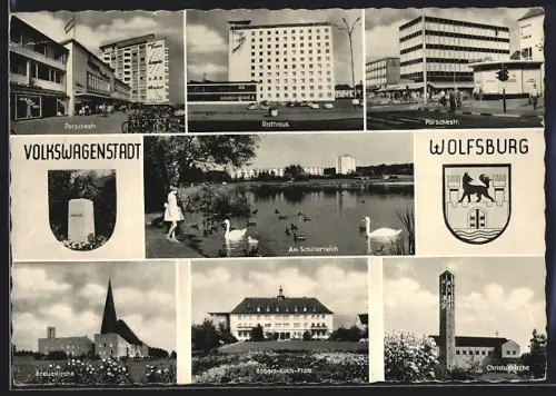 AK Wolfsburg, Schillerteich, Rathaus, Kreuzkirche