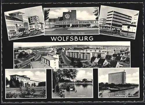 AK Wolfsburg, Bahnhof und VW-Werk, VW-Verwaltungsgebäude, Porschestrasse, Berliner Ring, Schillerteich, Krankenhaus