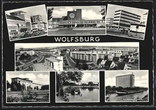 AK Wolfsburg, VW-Werk und Bahnhof, Berliner Ring, VW-Verwaltungsgebäude, Porschestrasse, Krankenhaus und Schillerteich