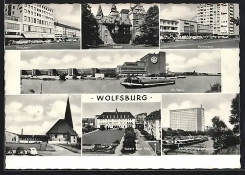 AK Wolfsburg, Porschestrasse, Schloss, VW-Werk, Kreuzkirche, Robert-Koch-Platz und VW-Verwaltungsgebäude