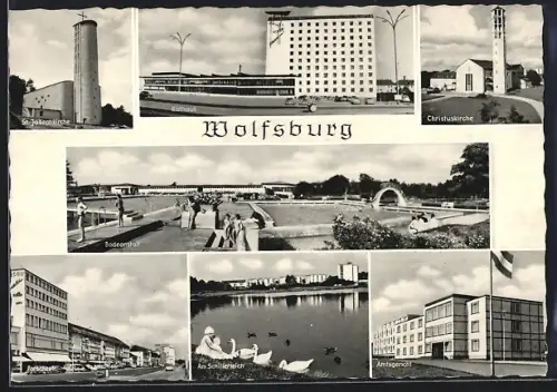 AK Wolfsburg, Badeanstalt, Rathaus u. Christuskirche