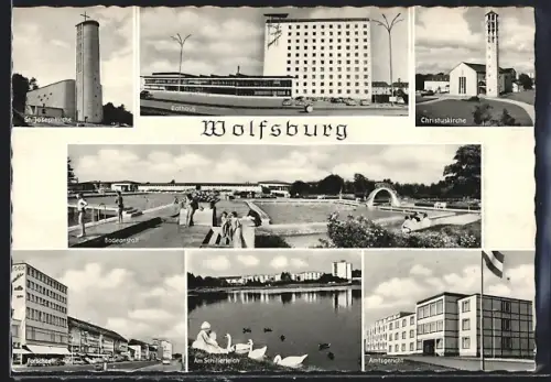 AK Wolfsburg, Badeanstalt, Rathaus u. Christuskirche