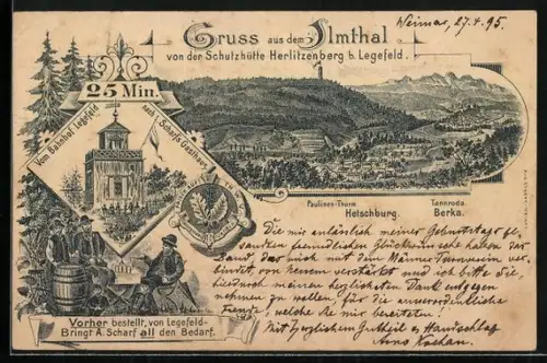 Vorläufer-Lithographie Legefeld /Ilmthal, 1895, Schutzhütte Herlitzenberg, Paulinen-Thurm, Tannroda