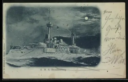 Mondschein-AK Kriegsschiff SMS Brandenburg des Ostasiengeschwader