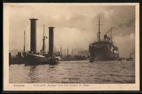 AK Hamburg, Rotorschiff Buckau und Cap Polonio im Hafen