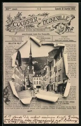 AK Neuveville, Strassenpartie im Zeitungs-Passepartout, Courrier de Neuveville