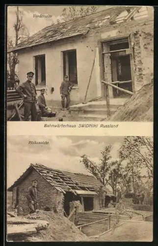 AK Swidniki, Soldaten vor zerstörtem Bahnwärterhaus