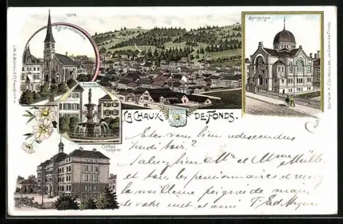 Lithographie La Chaux-de-Fonds, Synagogue, Église indépendante, Collège industriel