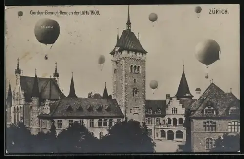 AK Zürich, Gordon-Bennet-Rennen der Lüfte 1909, Heissluftballons über den Dächern