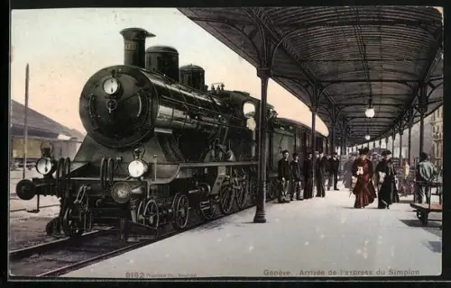 AK Genève, Arrivée de l`express du Simplon, Bahnhof