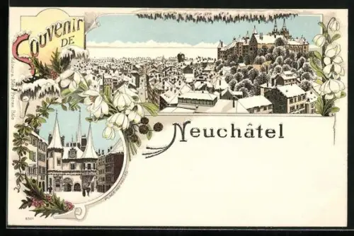 Winter-Lithographie Neuchâtel, Place des Halles, Vue panoramique