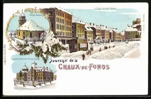 Lithographie Chaux-de-Fonds, Controle Fédérale et Synagoge, Temple National